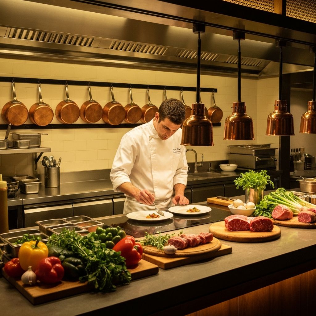 Open kitchen with chef preparing dishes